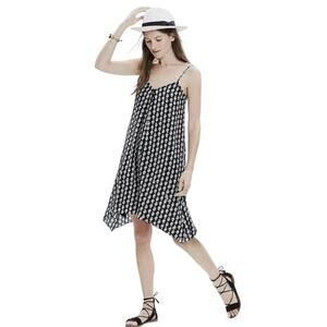 Madewell 100% Silk Trapeze Cami Dress Black White Bloomstamp Pockets Size large